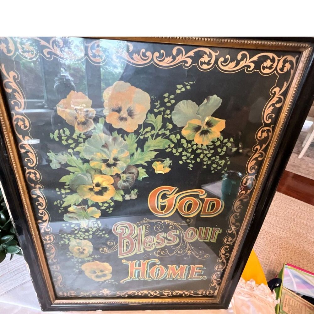 Incredible Antique God Bless Our Home Framed Print, flowers black frame - Picture 2 of 9